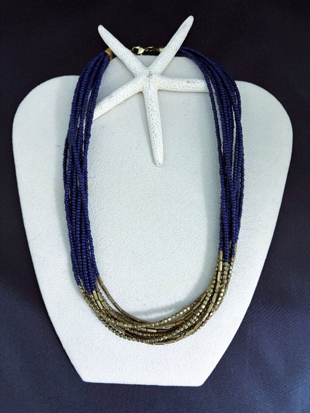 Skipping Stone Beaded Necklace Navy Blue & Bronze Beads Multi-strands